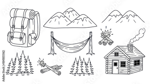 Camping and outdoor recreation vector illustration set with backpack cabin hammock and mountains