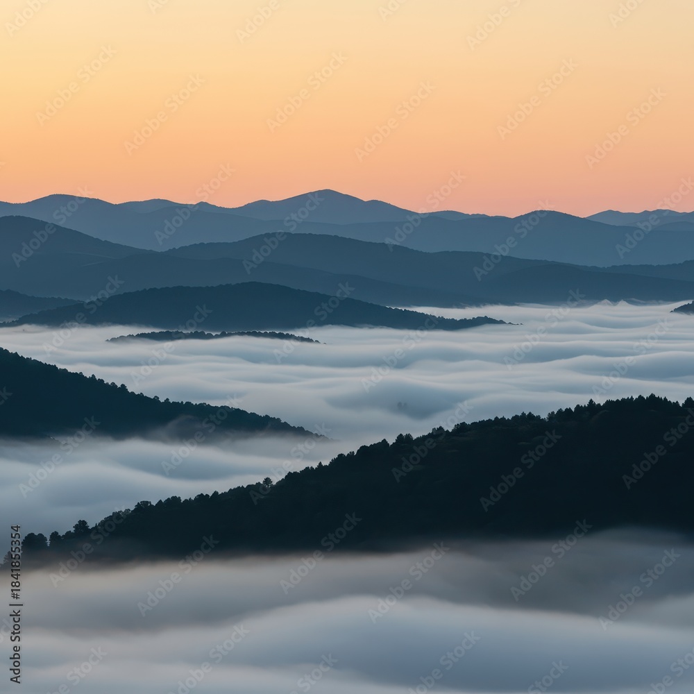Fototapeta premium Thick, natural haze settling over a vast, layered mountain landscape, creating a quiet, ethereal, and mysterious atmospheric effect at dawn, atmospheric, tranquil, beauty