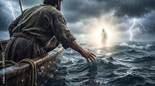 Biblical scene of Peter reaching out from a boat on a stormy sea towards the glowing silhouette of Jesus walking on water. Concept of faith, trust and miracles in the New Testament.