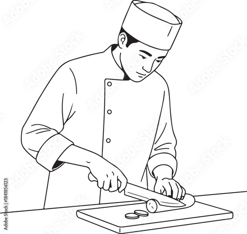 Chef skillfully slicing fresh vegetables with a sharp knife on a cutting board, preparing ingredients in a professional kitchen setting