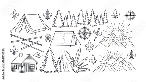 Camping and outdoors themed vector elements with mountain and tent