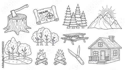 Camping and outdoors themed vector illustrations set in black and white