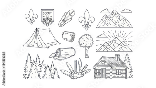 Camping and scouting elements set in linear style for design and print