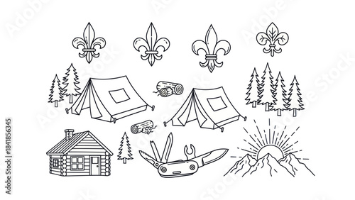 Camping and scouting elements set illustration black and white vector design
