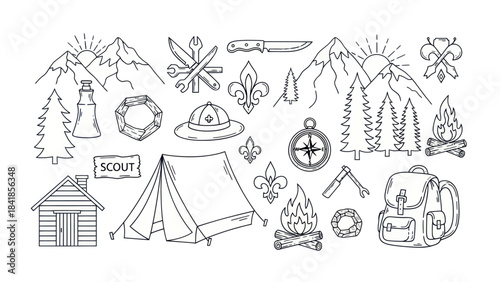 Camping and scouting icons adventure symbols and elements design