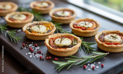 Mini savory tarts with rosemary garnish