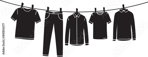 Simple monochrome illustration of various garments drying on a clothesline with clothespins, representing domestic chores and laundry day.