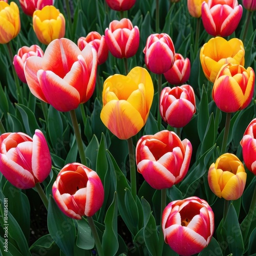 A close-up view of bright multicolored tulips blooming profusely in a sunny spring garden bed, symbolizing renewal and vibrant fresh growth ,background ,white ,floral
