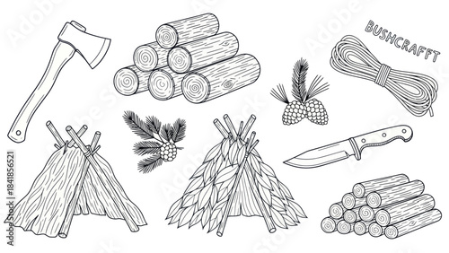 Camping and survival elements axe knife logs and shelter illustrations