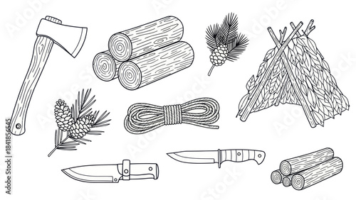 Camping and survival elements vector illustration in black and white