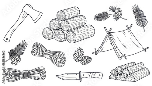 Camping and wilderness survival gear vector illustrations