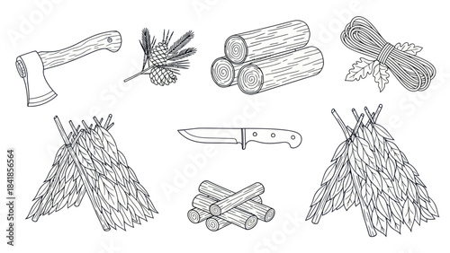 Camping and wilderness survival tools and elements vector illustration