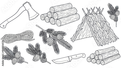 Camping and wilderness survival tools and items vector illustration