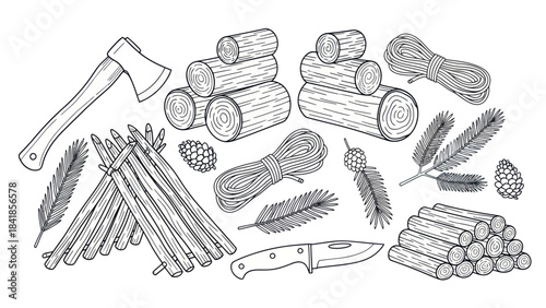 Camping and wilderness survival tools and supplies vector illustration