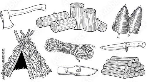 Camping and wilderness survival tools illustrated in a detailed line art style