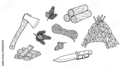 Camping and wilderness survival tools illustration in monochrome style