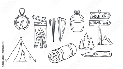 Camping equipment and hiking accessories illustration vector set