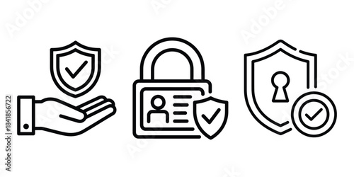 Digital security and personal data protection icons, Padlock and Shield Icon, Minimalist line art icons symbolizing data security, privacy, and protection, Vector illustration