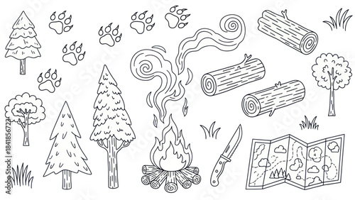 Camping and wilderness adventure elements isolated on white background