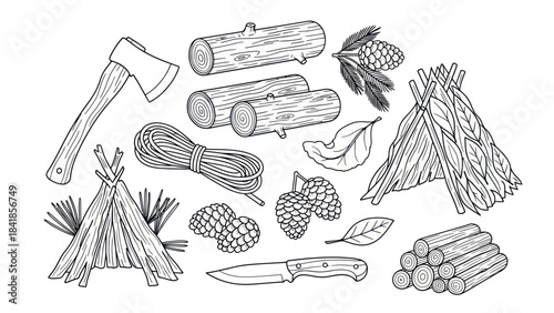 Camping equipment illustration axe logs rope knife cones shelter elements