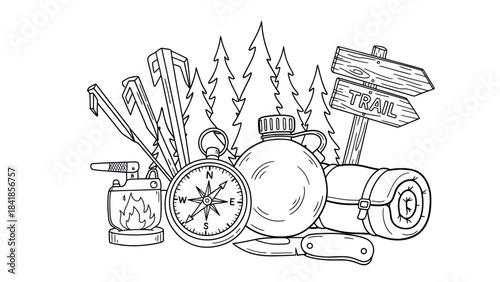 Camping equipment illustration featuring compass water bottle and trail sign