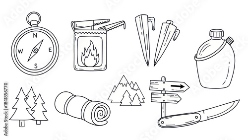 Camping equipment set compass knife tent pegs flask trees isolated elements