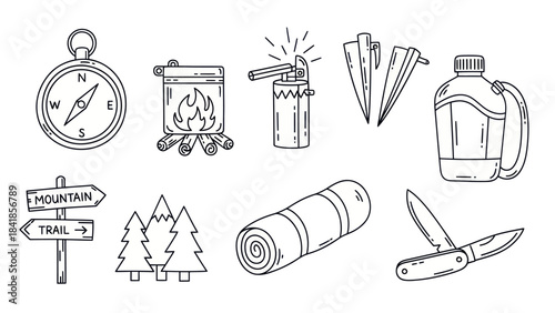 Camping equipment set illustration compass campfire and outdoors elements