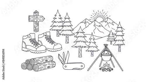 Camping scene illustration with hiking boots trees mountains and campfire