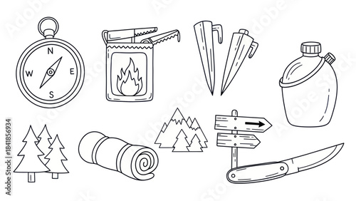 Camping gear illustration compass knife tent pegs canteen and more