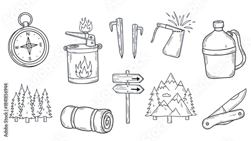 Camping gear illustration compass stove tent pegs pot water jug trees