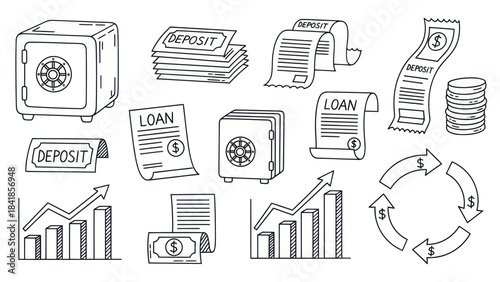Finance and banking icons deposit loan safe chart money and arrow