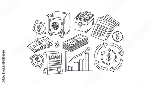 Finance and banking illustration with money safe box graph and documents