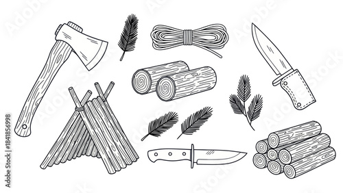 Camping and wilderness survival equipment illustration vector set