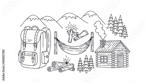 Camping scene illustration with backpack hammock and cabin outline