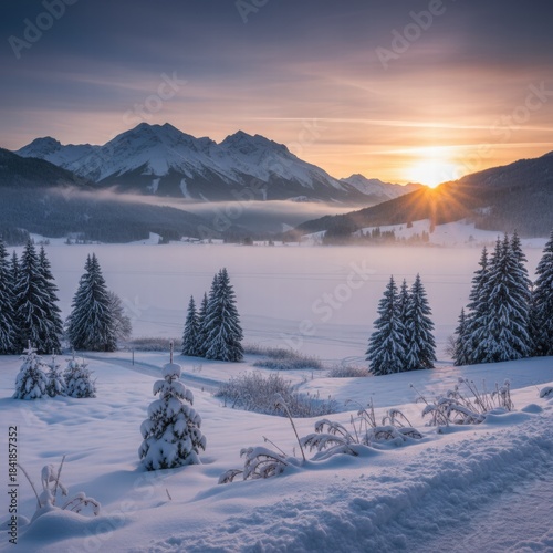 
A serene winter landscape featuring a peaceful snow-covered forest at dusk. Tall evergreen trees are blanketed with snow under a colorful sky, and soft light casts long shadows across the untouched 