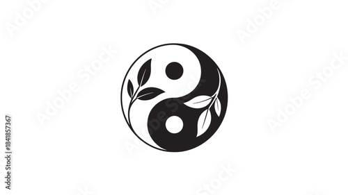 Vector Yin and yang symbol with leaves for zen and wellness design, black and white icon