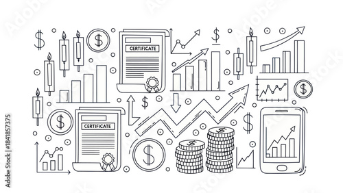 Financial analysis illustration with charts certificates and dollar signs