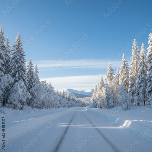 
A serene winter landscape featuring a peaceful snow-covered forest at dusk. Tall evergreen trees are blanketed with snow under a colorful sky, and soft light casts long shadows across the untouched 