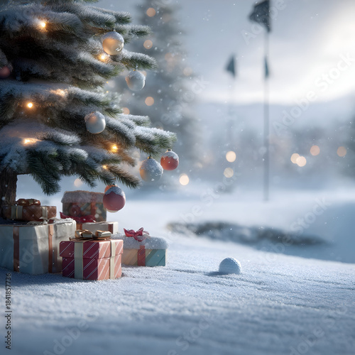 Christmas tree closeup with gifts on snowy golf course with golf ball lying in the snow and golf flag in the background. Concept of resting golf sport during Christmas time.