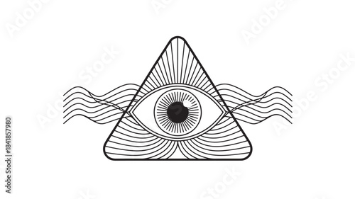 Vector All-seeing eye symbol in triangle with rays and wavy lines, mystical icon