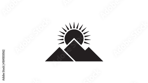 Vector Mountain sunrise icon with sun rays for travel and adventure, minimalist vector symbol