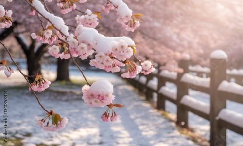 Pink cherry blossoms covered in snow, a gentle winter scene