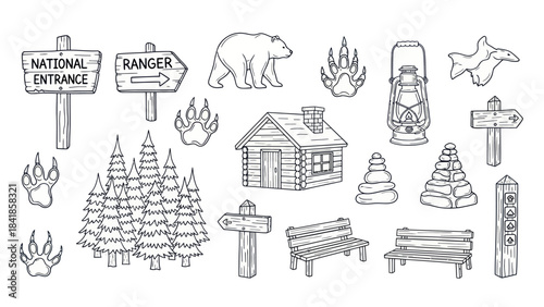 Forestry elements collection wooden signs bear trees and cabin illustrations