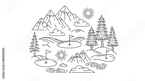 Golf course design with mountains trees and sun in line art style