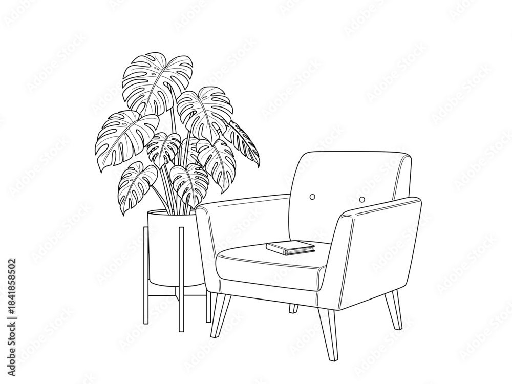 Fototapeta premium Modern armchair with a potted plant and a book on a table 