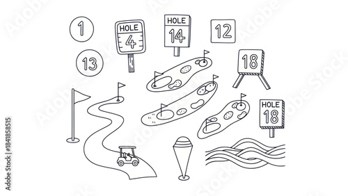 Golf course elements hand drawn illustrations of holes flags and signs