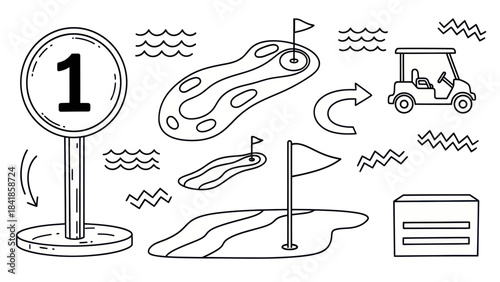 Golf course elements isolated illustrations of flags greens and cart