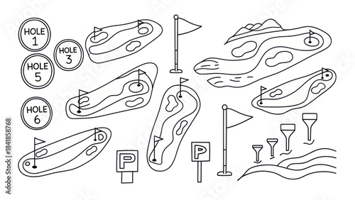Golf course elements isolated illustrations of flags holes and course layouts