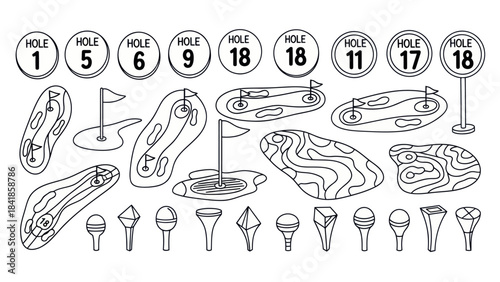 Golf course elements isolated vector illustrations for design and layout