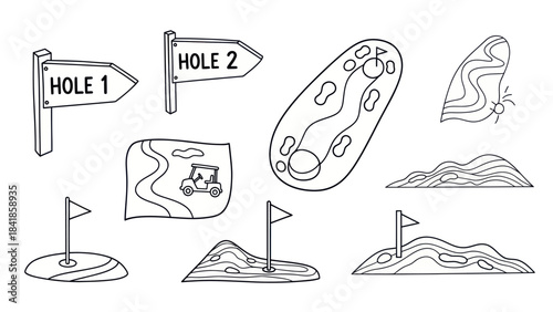 Golf course elements signs flags and course illustrations vector set